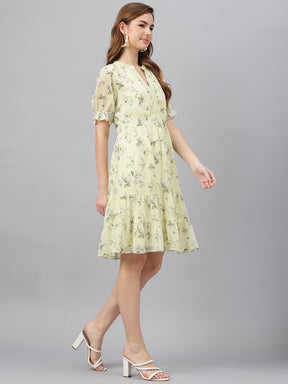 Yellow V-Neck Short Sleeves Printed A-Line Dress For Casual Wear