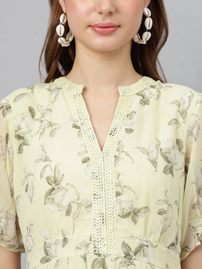 Yellow V-Neck Short Sleeves Printed A-Line Dress For Casual Wear