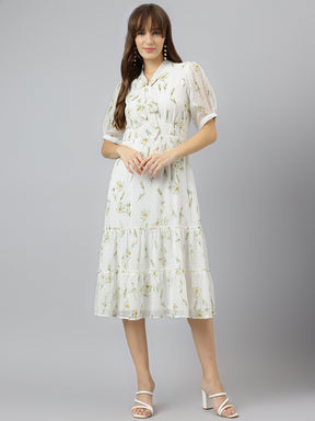 Green Tie Up Neck Short Sleeves A Line Knee Length Dress For Casual Wear