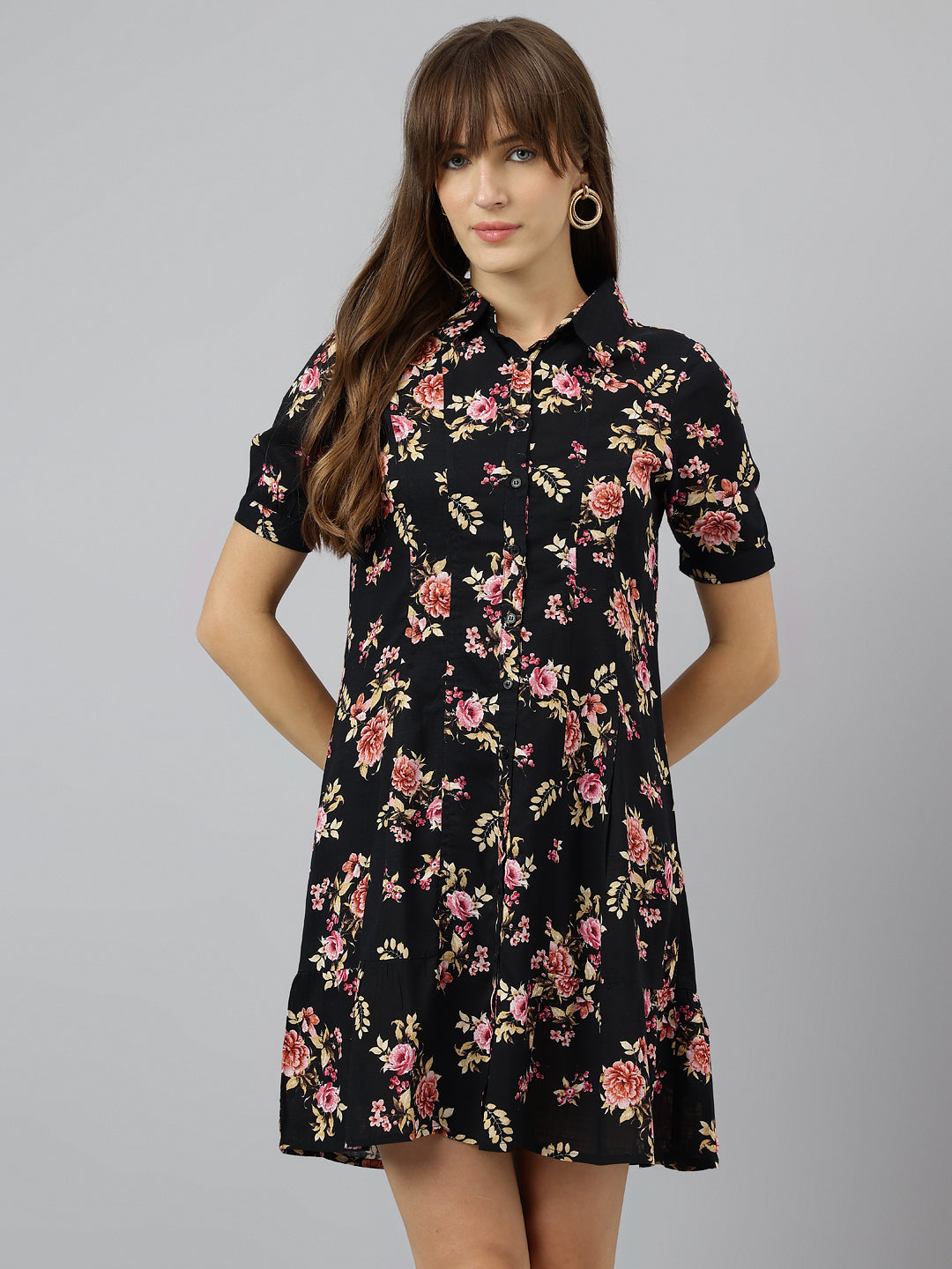 Black Shirt Collar Short Sleeves Printed A-Line Dress For Casual Wear