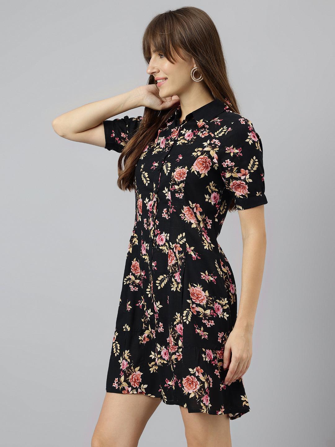 Black Shirt Collar Short Sleeves Printed A-Line Dress For Casual Wear