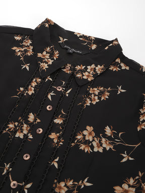 Latin Quarters Women Black Full Sleeve Collared Neck Printed A-Line Mini Dress For Casual Wear