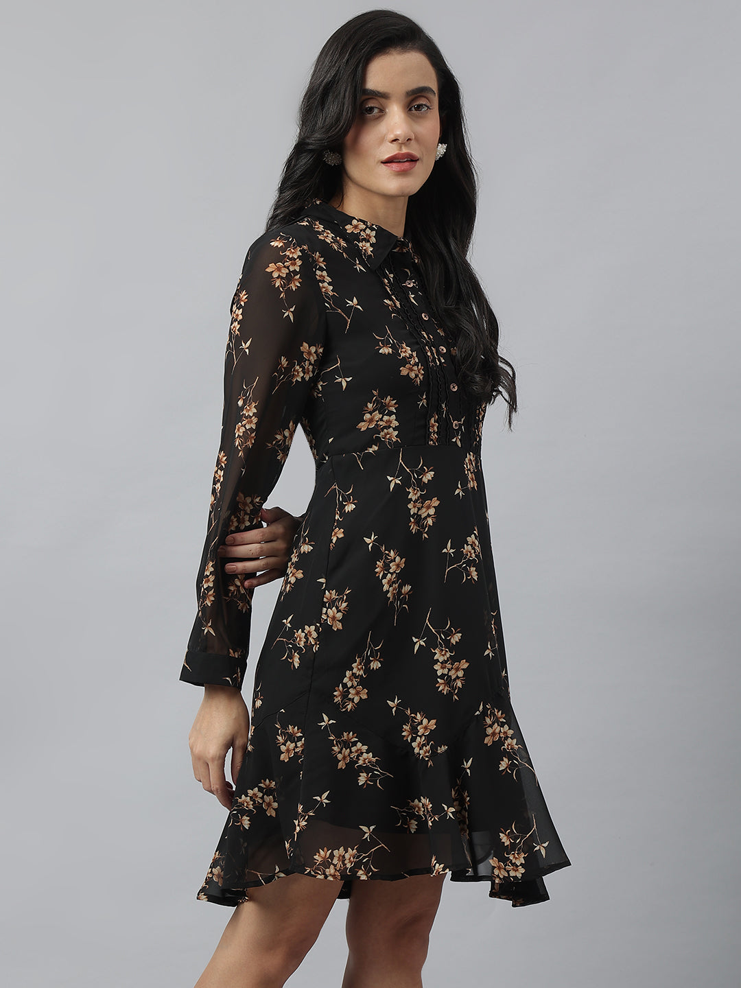Latin Quarters Women Black Full Sleeve Collared Neck Printed A-Line Mini Dress For Casual Wear