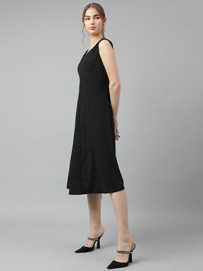 Black V-Neck Sleeveless Solid A-Line Dress For Casual Wear