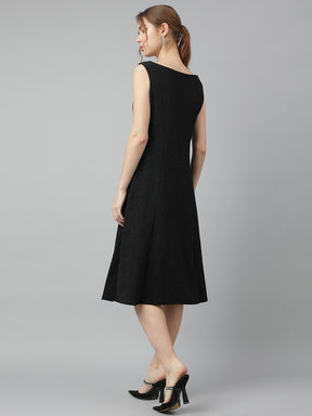 Black V-Neck Sleeveless Solid A-Line Dress For Casual Wear