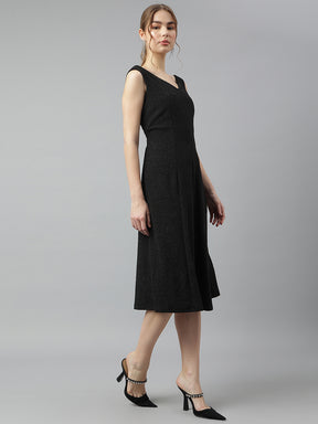 Black V-Neck Sleeveless Solid A-Line Dress For Casual Wear