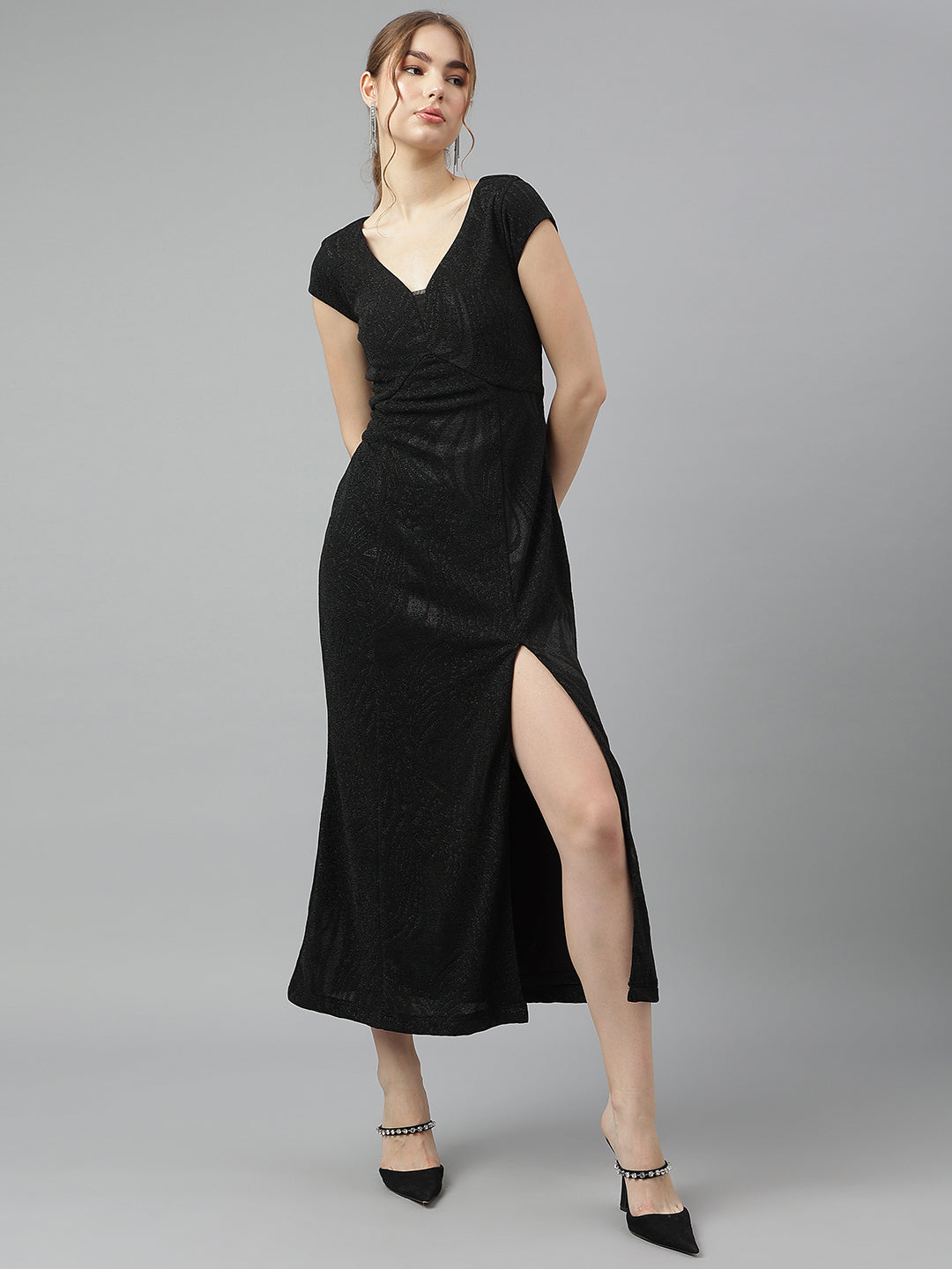 Black V-Neck Short Sleeves Solid A-Line Dress For Party Wear