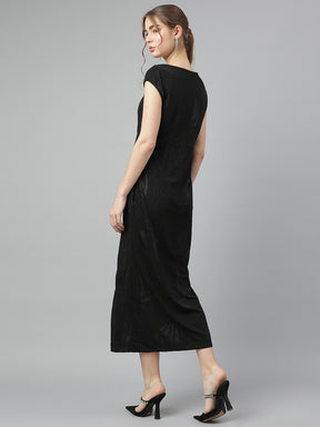 Black V-Neck Short Sleeves Solid A-Line Dress For Party Wear