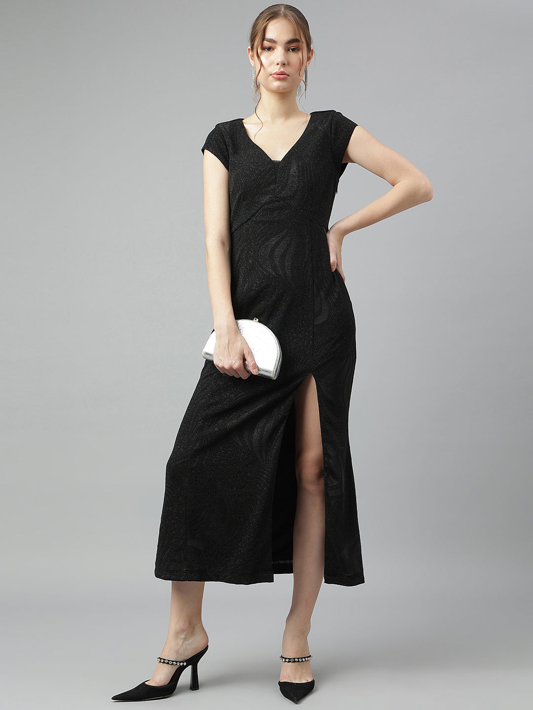 Black V-Neck Short Sleeves Solid A-Line Dress For Party Wear