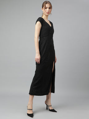 Black V-Neck Short Sleeves Solid A-Line Dress For Party Wear