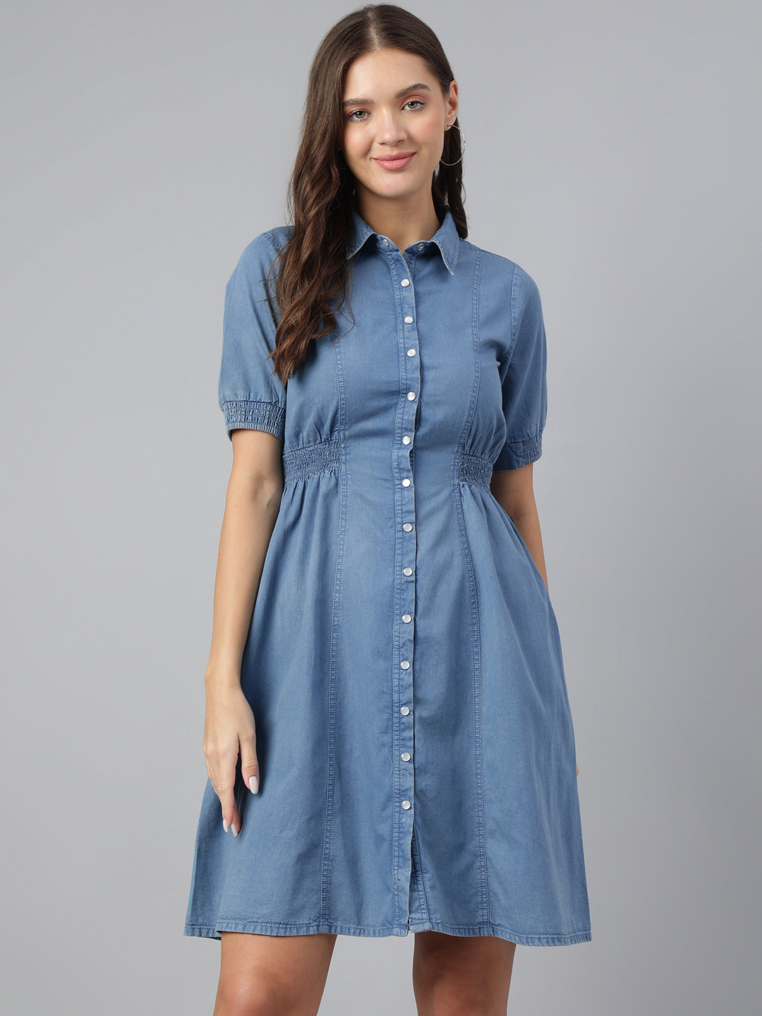 Chic Blue Half Sleeve Collar Solid Casual Dress for Effortless Elegance