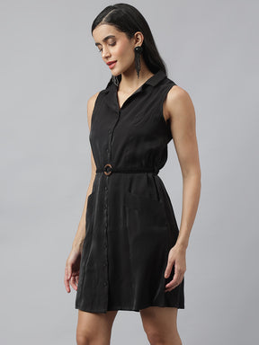 Black Sleeveless Collared Neck Solid Above Knee Dress For Casual Wear