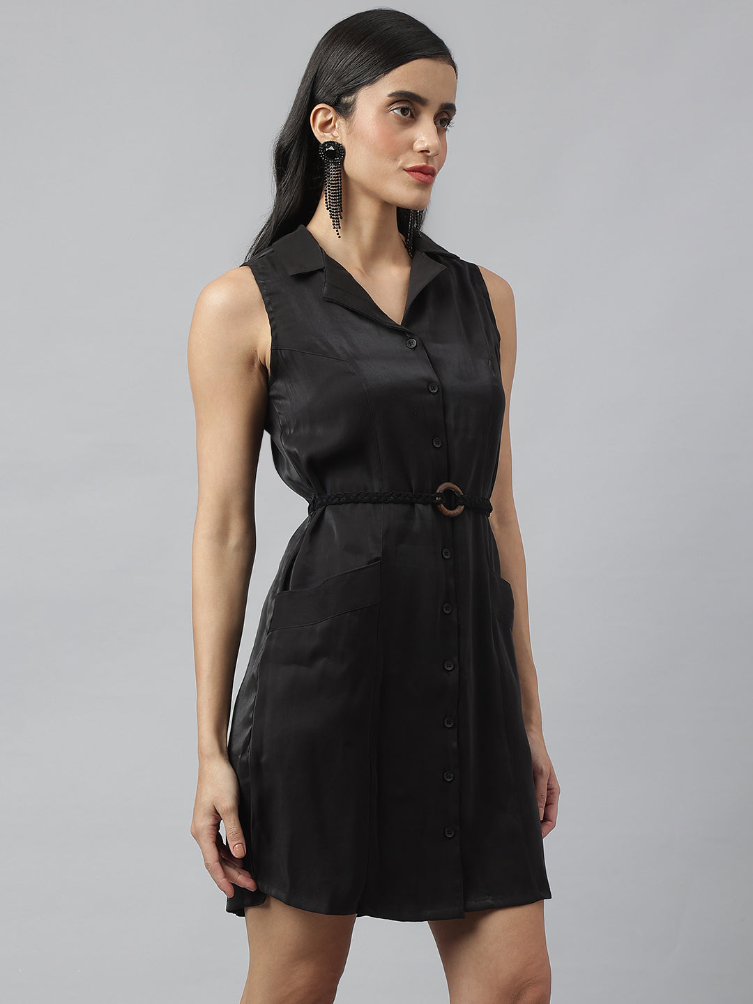 Black Sleeveless Collared Neck Solid Above Knee Dress For Casual Wear