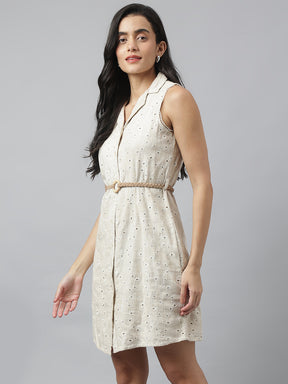 Latin Quarters Women'S Beige Embroidery Collared Sleeveless Shirt Casual Dress