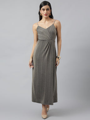 Black Sleeveless V-Neck Stripped Maxi Dress For Party Wear