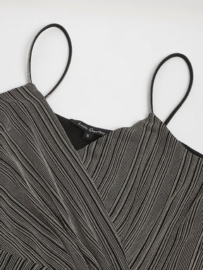 Black Sleeveless V-Neck Stripped Maxi Dress For Party Wear