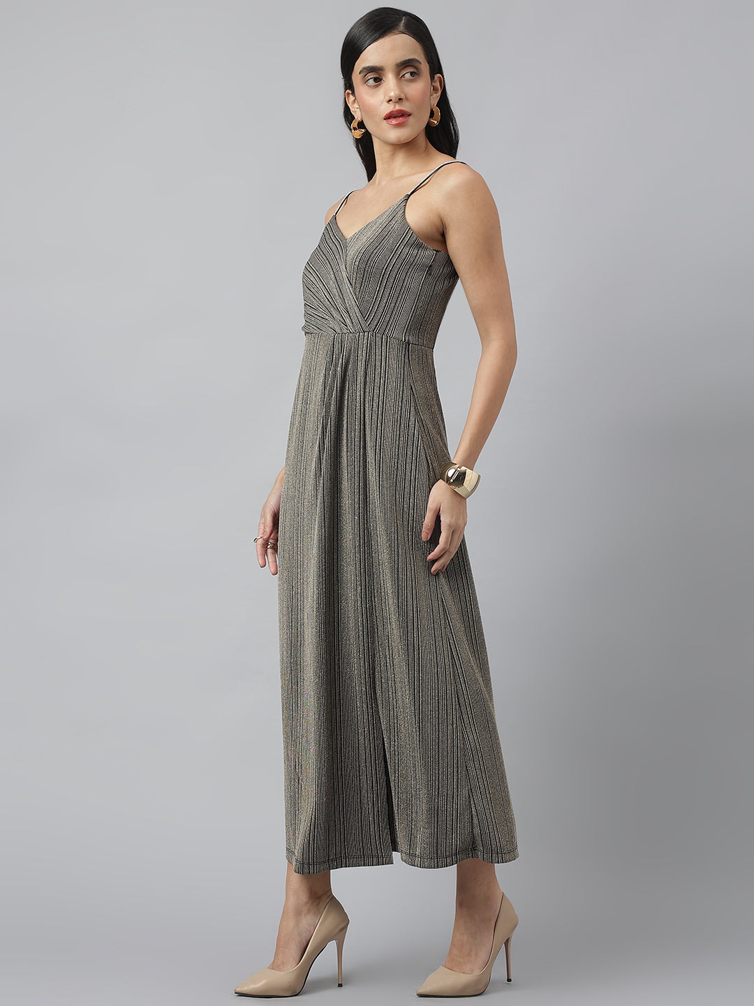 Black Sleeveless V-Neck Stripped Maxi Dress For Party Wear