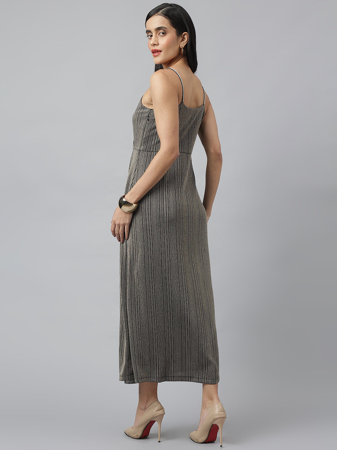 Black Sleeveless V-Neck Stripped Maxi Dress For Party Wear