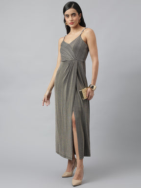 Black Sleeveless V-Neck Stripped Maxi Dress For Party Wear