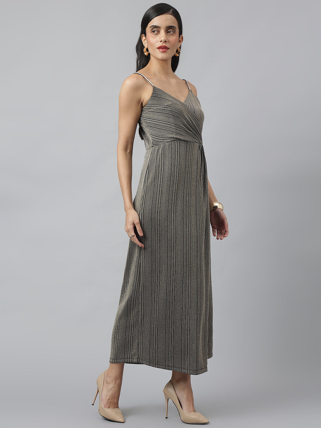 Black Sleeveless V-Neck Stripped Maxi Dress For Party Wear