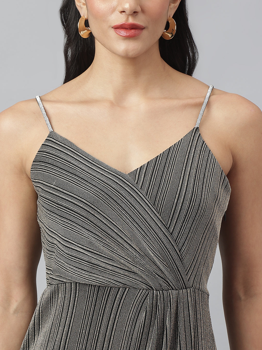 Black Sleeveless V-Neck Stripped Maxi Dress For Party Wear