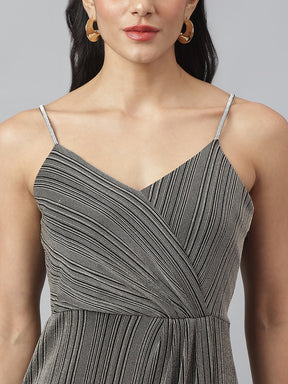 Black Sleeveless V-Neck Stripped Maxi Dress For Party Wear