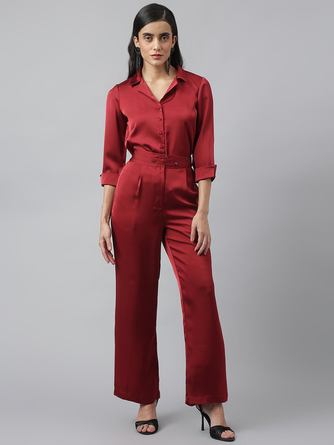 Maroon 3/4 Sleeve Collared Neck Solid Co-Ord Set For Casual Wear