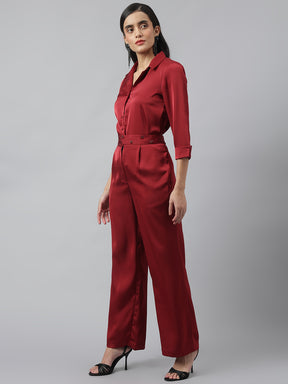 Maroon 3/4 Sleeve Collared Neck Solid Co-Ord Set For Casual Wear