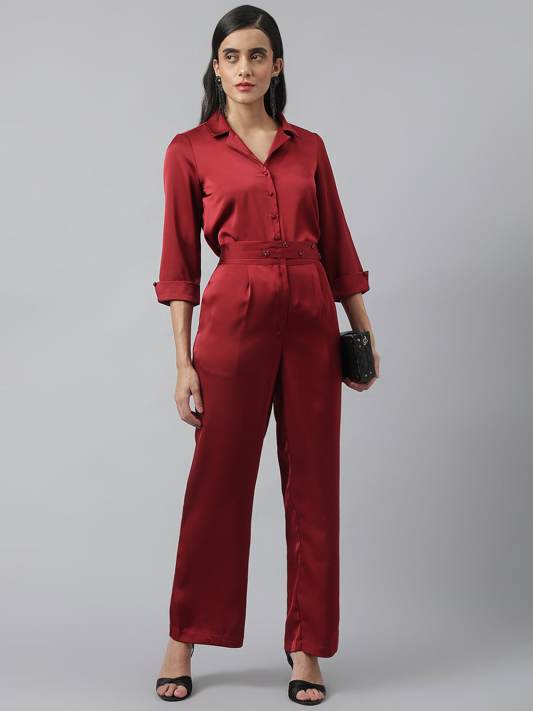 Maroon 3/4 Sleeve Collared Neck Solid Co-Ord Set For Casual Wear