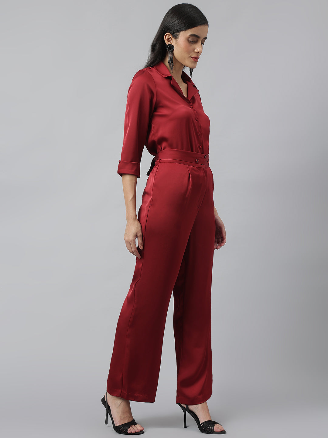 Maroon 3/4 Sleeve Collared Neck Solid Co-Ord Set For Casual Wear