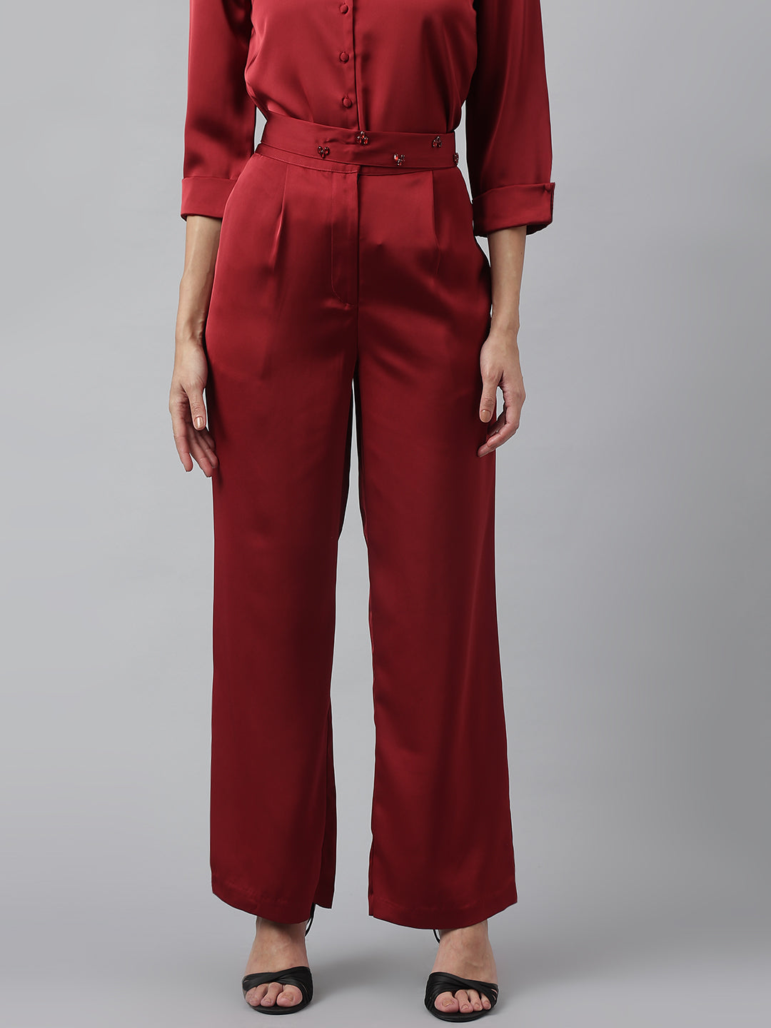 Maroon 3/4 Sleeve Collared Neck Solid Co-Ord Set For Casual Wear