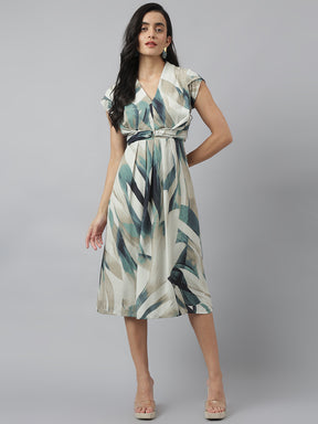 Green Cap Sleeve V-Neck Printed Below Knee Dress For Casual Wear