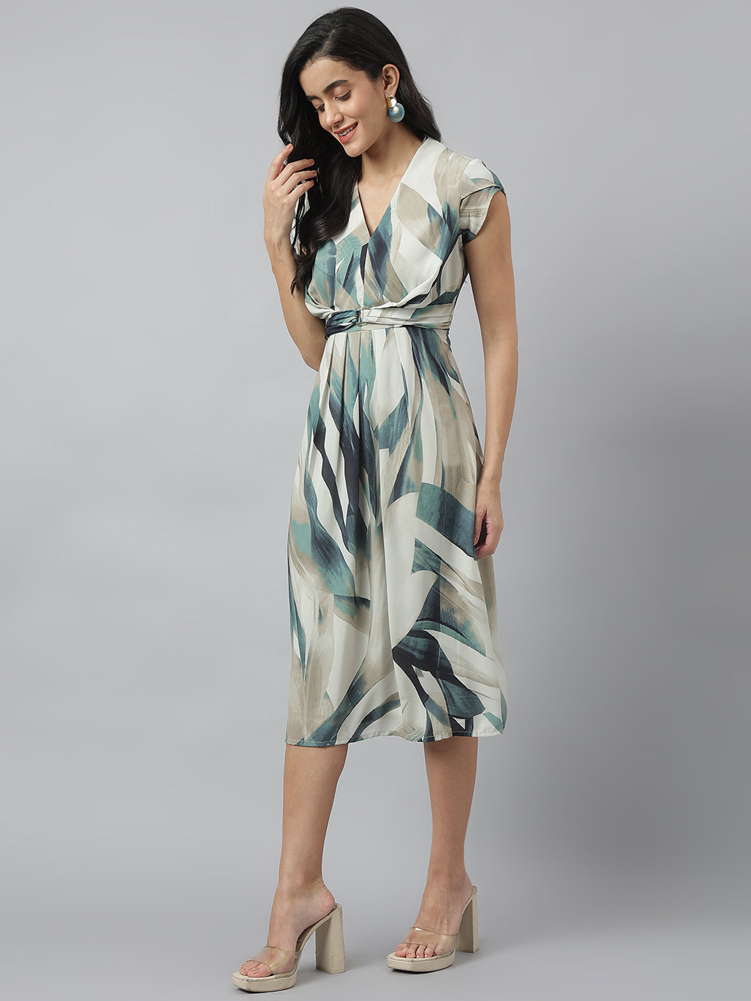 Green Cap Sleeve V-Neck Printed Below Knee Dress For Casual Wear