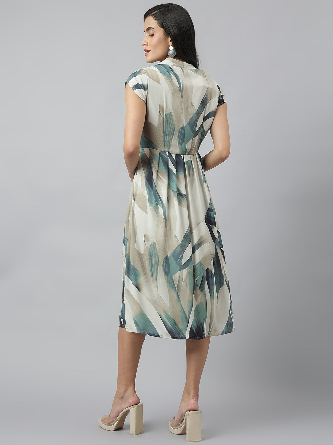 Green Cap Sleeve V-Neck Printed Below Knee Dress For Casual Wear