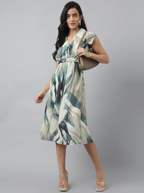 Green Cap Sleeve V-Neck Printed Below Knee Dress For Casual Wear