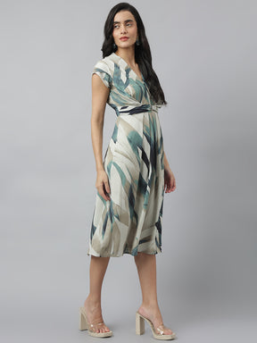 Green Cap Sleeve V-Neck Printed Below Knee Dress For Casual Wear