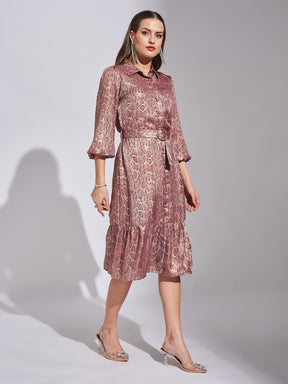 Latin Quarters Women Pink Shirt Collar 3/4Th Sleeves Printed Dress