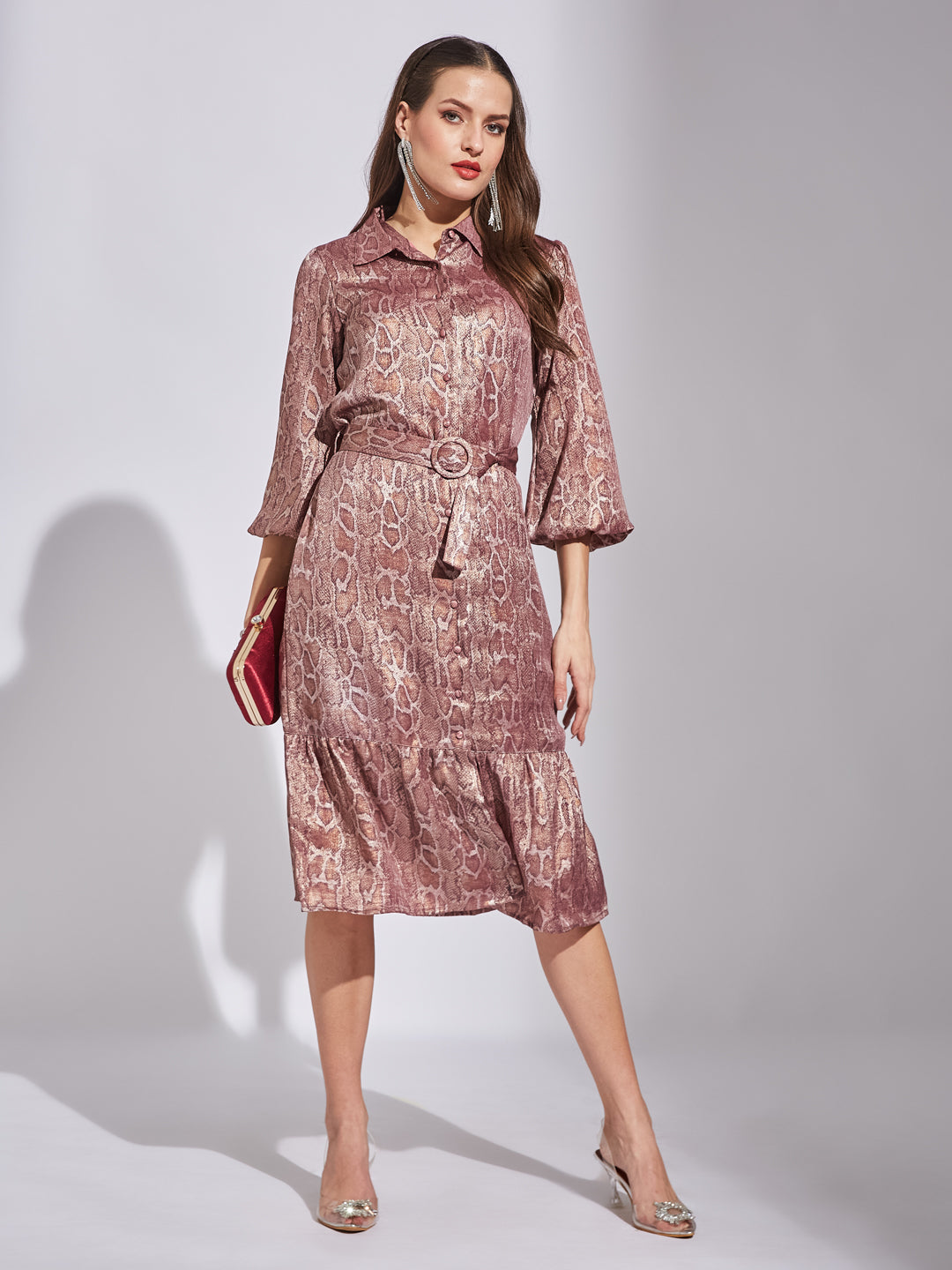 Latin Quarters Women Pink Shirt Collar 3/4Th Sleeves Printed Dress