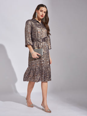 Latin Quarters Women Grey Shirt Collar 3/4Th Sleeves Printed Dress