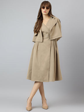 Elegant Beige Full Sleeve Collar Solid Casual Dress For Effortless Sop Elegant Beige Full Sleeve Collar Solid Casual Dress For Effortless Sop