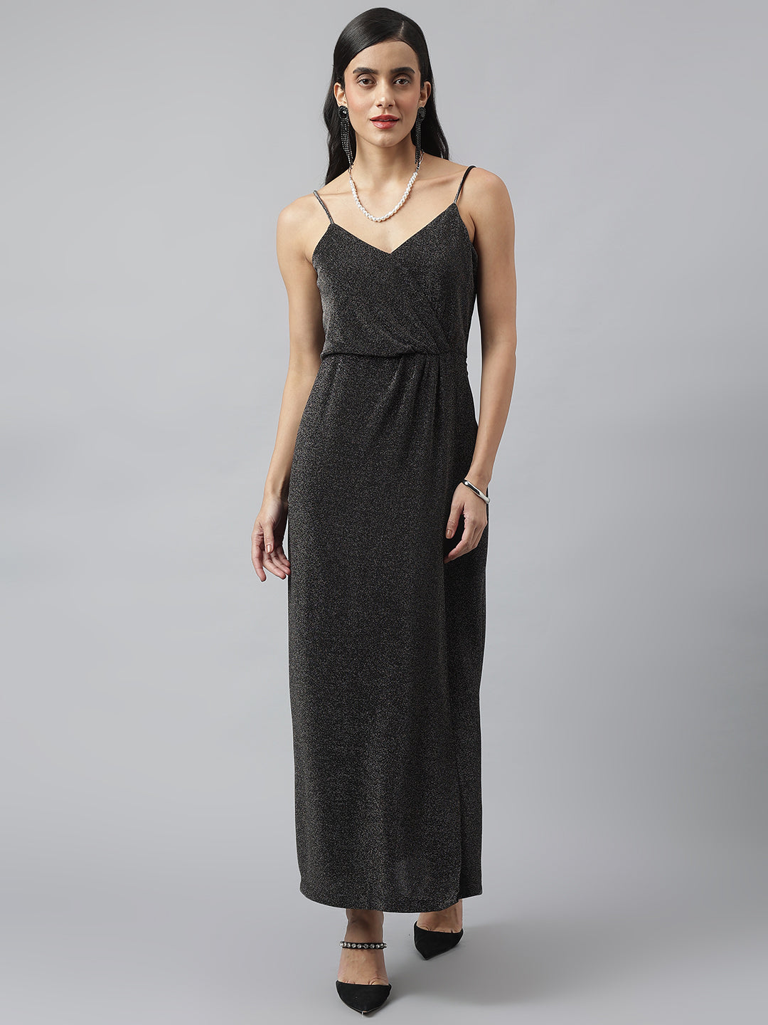 Black Sleeveless V-Neck Solid Maxi Dress For Party Wear