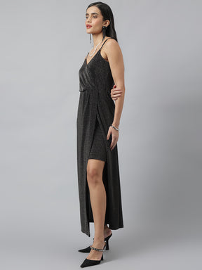 Black Sleeveless V-Neck Solid Maxi Dress For Party Wear