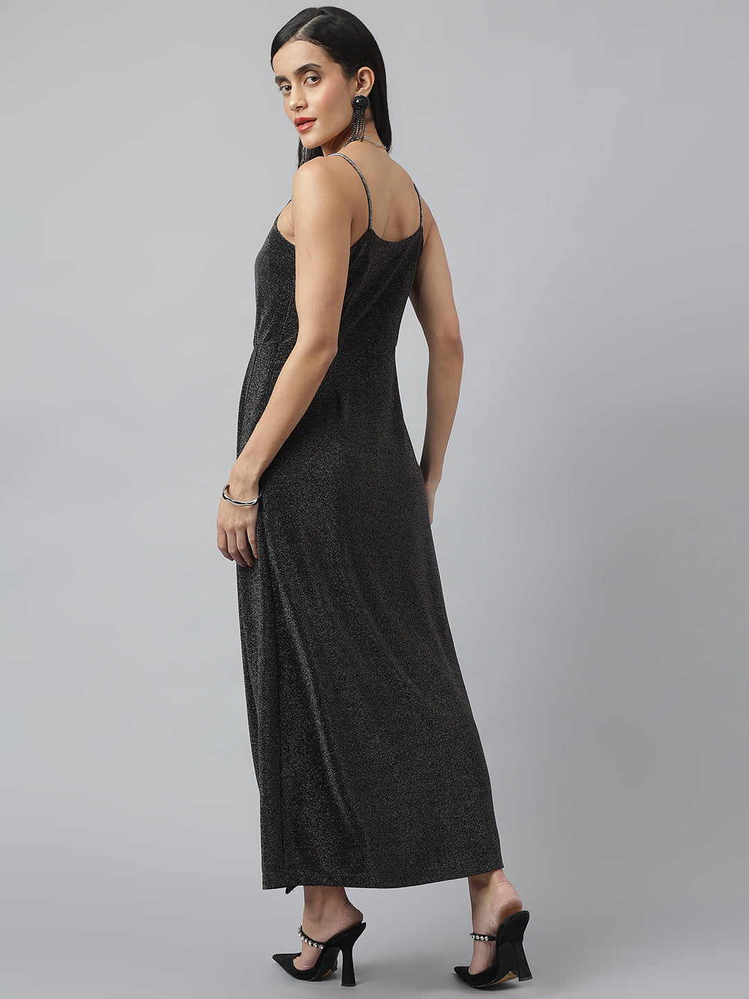 Black Sleeveless V-Neck Solid Maxi Dress For Party Wear