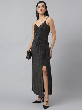 Black Sleeveless V-Neck Solid Maxi Dress For Party Wear