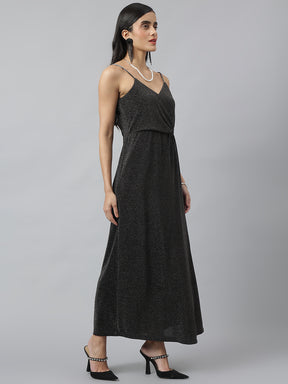 Black Sleeveless V-Neck Solid Maxi Dress For Party Wear