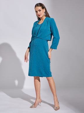 Latin Quarters Women Teal V-Neck 3/4Th Sleeves Solid Dress