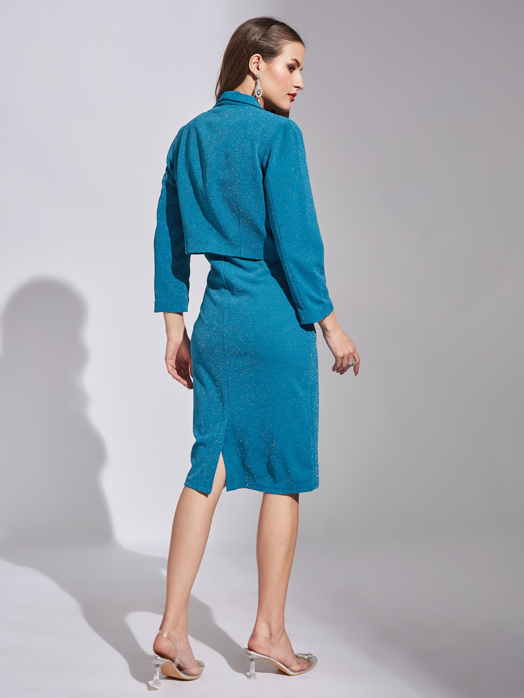 Latin Quarters Women Teal V-Neck 3/4Th Sleeves Solid Dress