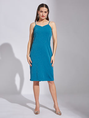 Latin Quarters Women Teal V-Neck 3/4Th Sleeves Solid Dress