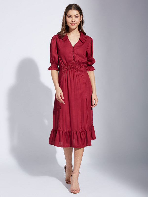 Latin Quarter Women Maroon Collar Neck Half Sleeve Solid A-Line Dress