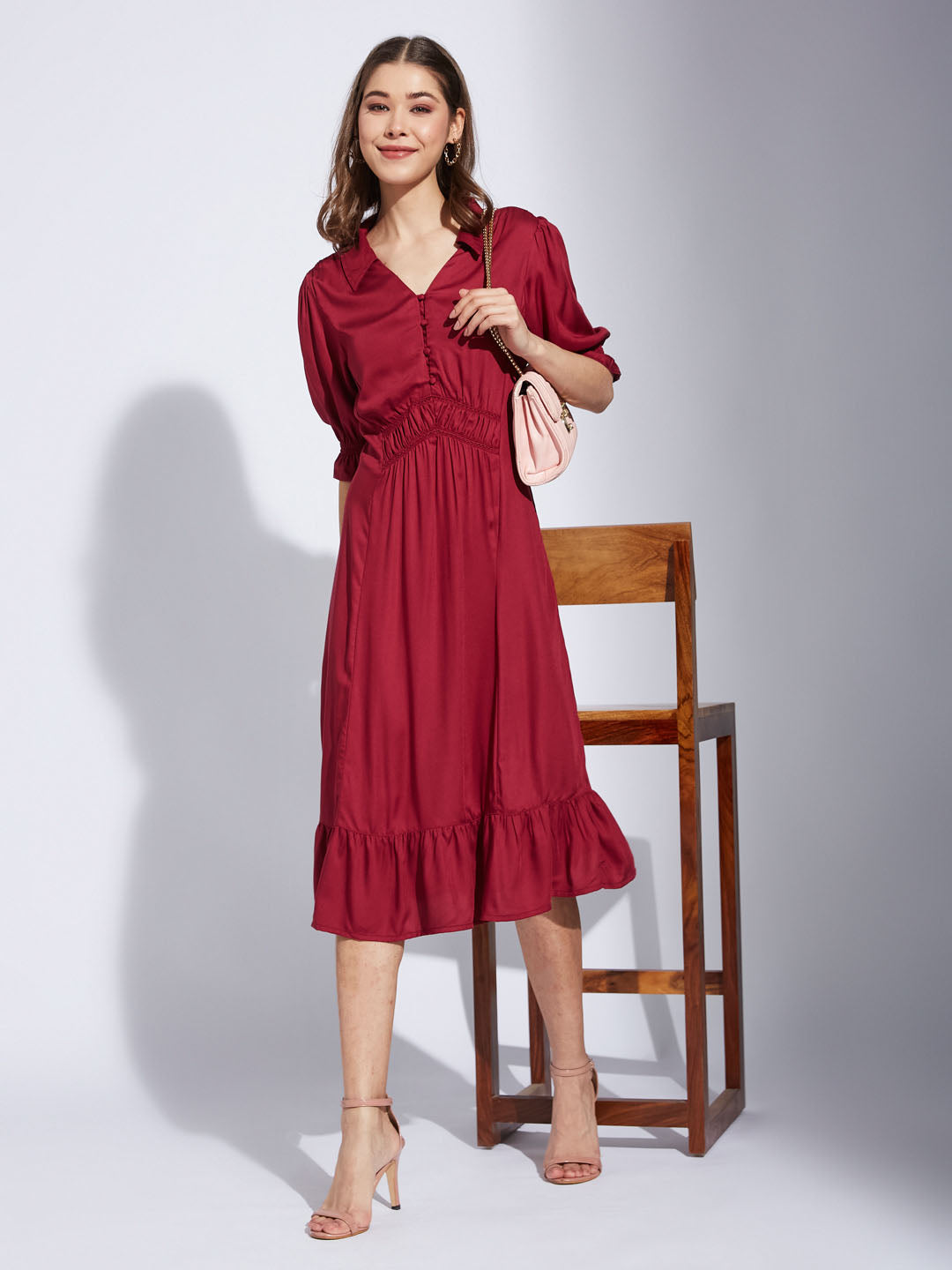 Latin Quarter Women Maroon Collar Neck Half Sleeve Solid A-Line Dress